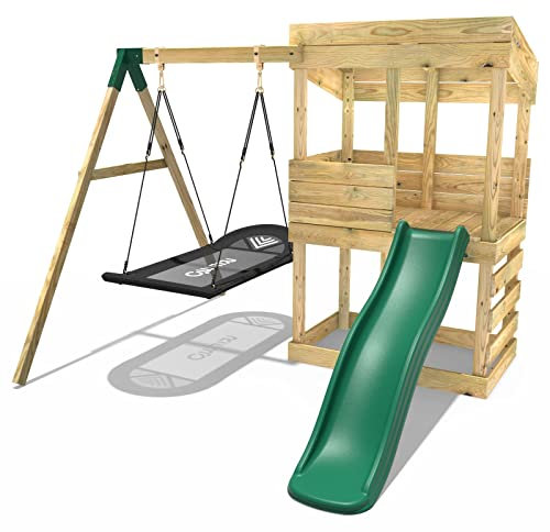 Rebo® Wooden Lookout Tower Playhouse with 6ft Slide and Swings - Cascades | OutdoorToys | Large Boat Swing - Perfect for Gardens - Pressure Treated Timber