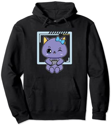Süße Schwarze Katze Anime Feline Gaming Egirl Pullover Hoodie
