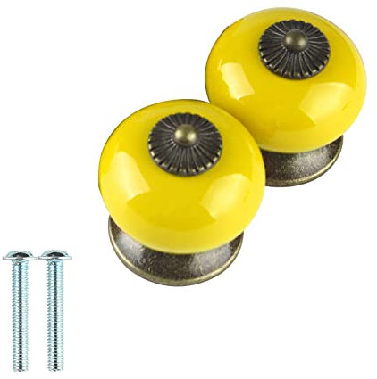 Larcele Vintage Schrankknöpf Türknopf Keramik Griffe für Schublade,2 Stück,Rund,Set CTLS-01(Gelb)