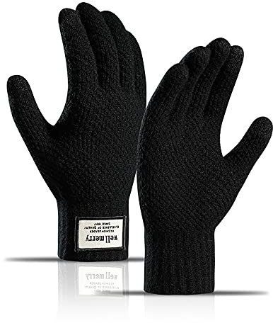 BSLVWG Winter Touchscreen Handschuhe Männer Anti-Rutsch Thermal Handschuhe Stricken Herren Handschuhe Verdickte elastische Winddichte Manschette Warme Flusen Futter für das Fahren Laufen (Schwarz)