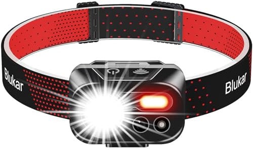 Blukar Head Torch Rechargeable, 2000L Super Bright LED Headlamp Headlight with Sensor Control & 7 Light Modes, IPX5 Waterproof, Hands-Free 30 Hrs Runtime for Cycling Power Cuts, Emergency etc, Red