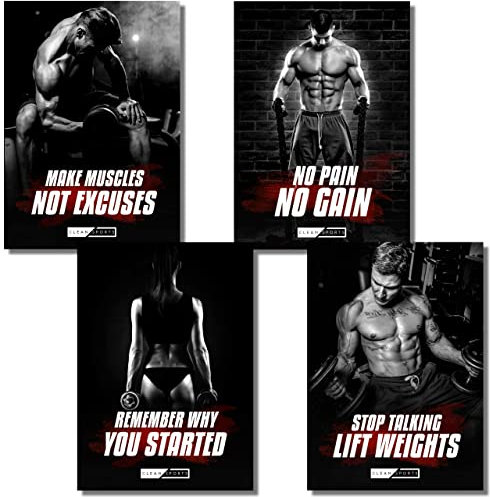 CLEAN SPORTS® Fitnessposter - Gym Bilder 4er Set Motivation für Bodybilder im Din A2 Format - Trainingsposter für Fitnessstudios und Homegym - ohne Rahmen ideale Deko für deinen Trainingsraum