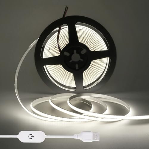 KISUFU USB 5 V COB LED Strip, 320 LED/M Warm White LED TV Backlight LED COB Strip LED Strip Led Strip Continuous, High Density Light Dimmable 3000 K LED Streifen (5m, Weiß)
