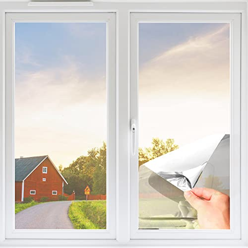 Fensterfolie von innen Durchsichtig von aussen Blickdicht,Sonnenschutzfolie Fenster innen UV-Schutz Reflektierende,Spiegelfolie Selbstklebend für Büros und Wohnungen (Silber, 44.5 x 400cm)