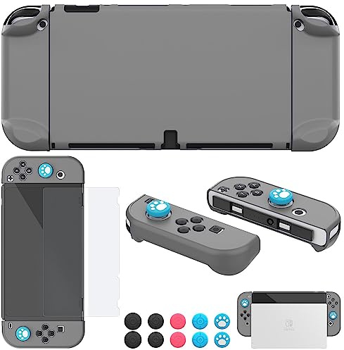 COMCOOL Funda acoplable para Nintendo Switch OLED 2021, accesorios de cubierta protectora para NS OLED y controlador Joy-Con con protector de pantalla, empuñaduras para el pulgar, color gris