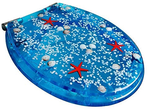 VVHUDA Toilettendeckel aus Harz, LED-Licht, Ozean-Design, automatisch, oval, blau, Toilettensitz
