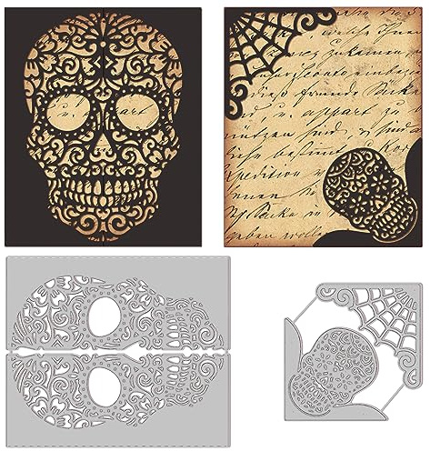 INFUNLY 2 Stück Totenkopf-Stanzformen Für Die Kartenherstellung Halloween-Schädel Spitzenrahmen Metall-Stanzformen Spinnennetz-Stanzformen Eckstanzformen Für Die Kartenherstellung DIY Scrapbooking