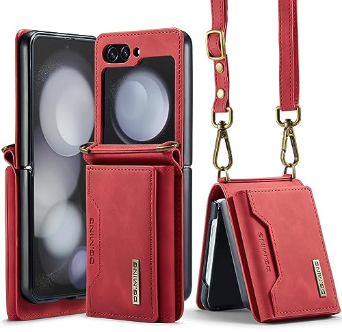UDBKKDX Brieftasche Handyhülle für Samsung Galaxy Z Flip 5, hülle Mattes Leder mit Ständer Kameralinsenschutz stoßfest Kartenhalter Abdeckung mit Schultergurten case Cover