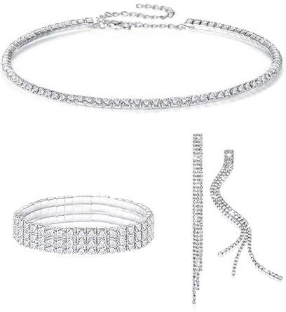FDEETY Schmuckset für Damen Braut Strass Kristall Halskette Armband Anhänger Ohrrings Set Prom Kostüm Schmuck Set Braut Hochzeit Party (Silber)