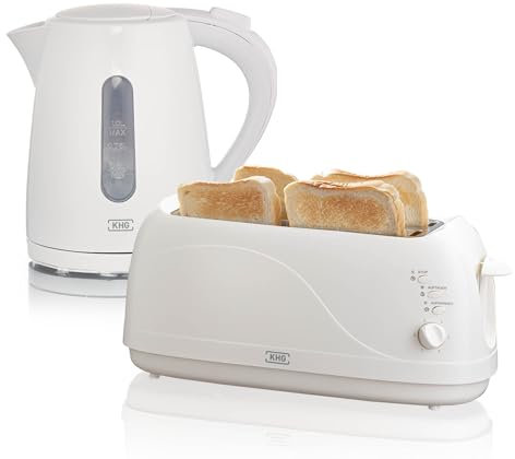 KHG Frühstücksset Weiß| Toaster 4 Scheiben Langschlitztoaster mit Brötchenaufsatz, 6 Bräunungsstufen 1300W | Wasserkocher 1 Liter mit Abschaltautomatik 2200W | 2-teilig