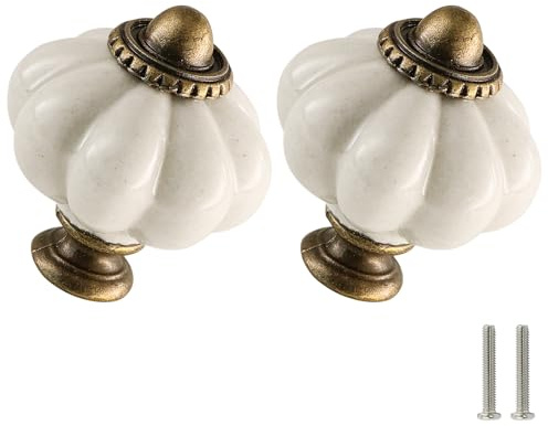 Zernmiarder Antique White Pumpkin Knobs 2 Pack Ceramic Cabinet Knobs Vintage Drawer Pulls - Antique Dresser Pulls with Screws for Closet Drawer Cupboard Cabinet and DIY Home Project