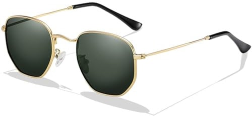 LOJUDI Hexagonal Sunglasses Men Women, Polarised Polygon Sunglasses Retro Square Glasses Metal Frame UV400 Protection-Gold Frame/Green Lens