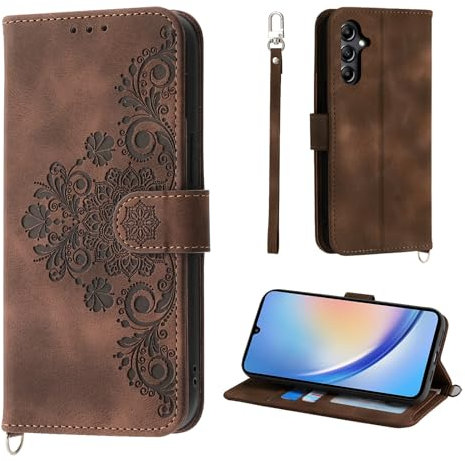 Auslbin Samsung Galaxy A35 5G Hülle Mit 5 Kartenfächer Handyhülle Samsung A35 Hülle Blumen Vintage-Stil Schutzhülle mit Magnetschnalle Taschen für SM-A356E/DS, Braun