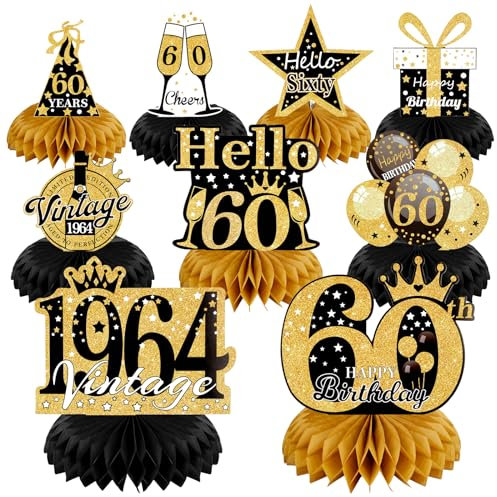 60 Geburtstag Mann Deko, 9 Stück, 60er Geburtstag Deko Schwarz Gold, 1965 Tischdeko 60 Geburtstag Mann, Bienenwabe Mittelstück, Tischdeko Papier Geburtstagsparty Zubehör