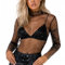 SamHeng Women Sexy Sheer Mesh See Through Tops Long Sleeve Shirt Mock Neck Sparkle Basic Tee Blouse Tops Party Clubwear(Black/L)