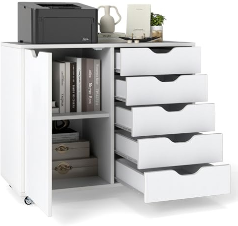 Giantex Caisson Bureau à Roulettes, Meuble Rangement Bureau avec 5 Roues, 5 Tiroirs, 2 Compartiments, Porte, Meuble Imprimante Roulant,Armoire de Document pour Format Lettre, A4, Légal, Blanc