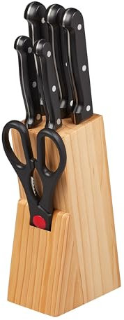 Chef Aid 7 Piece Knife Block Set, Pinewood Knife Block with 5 Kitchen Knives and All-Purpose Scissors, All with Shaped Grip Handles