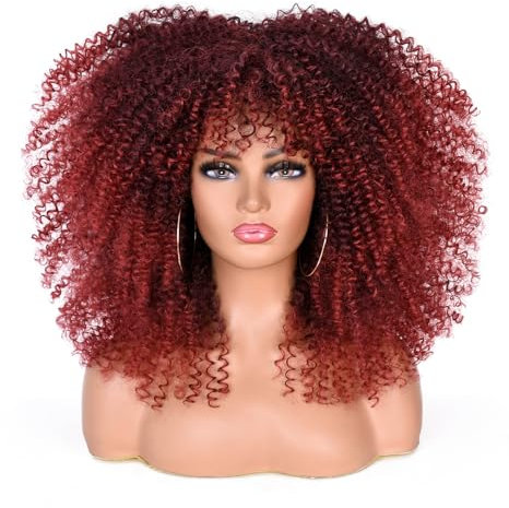 ISAMY Lange lockige Perücken für Schwarze Frauen Afro Bomb Curly Perücke mit Pony Synthetische Faser Klebefrei Lange Afro Kinky Curly Haar (Ombre Rot)