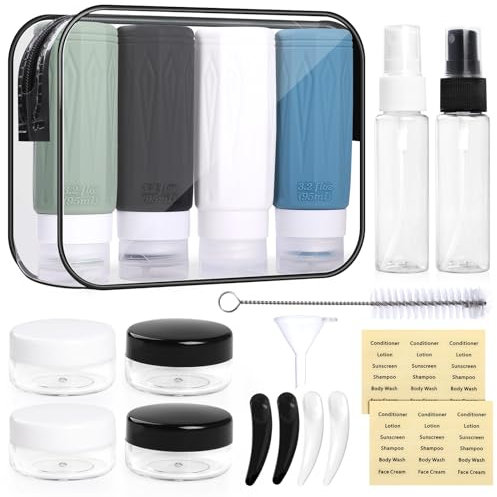 Anhow 19pcs Botellas de Viaje Silicona, Botes Viaje Rellenables a Prueba de Fugas para Líquido/Loción/Champú/Crema, Kit Viaje Avion Sin BPA - 4x95ml