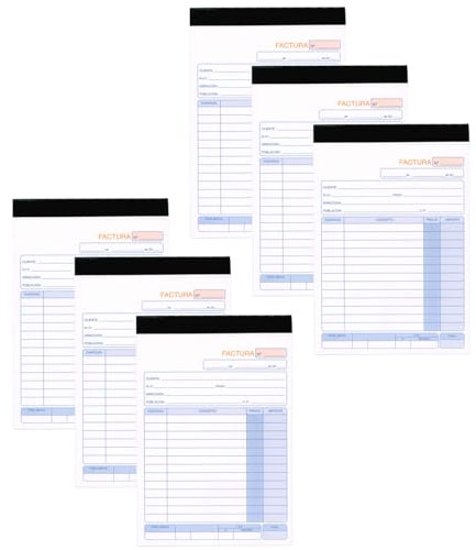Tradineur - Pack de 6 talonarios de facturas, 70 hojas, 35 juegos original + copia, autocopiativas, matriz de corte y tapas de cartón (Tamaño A5-145 x 210 mm)