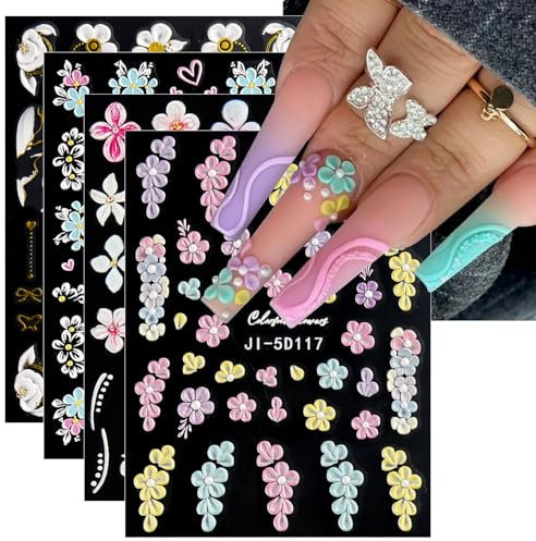 JMEOWIO 3D Nagelsticker Blume Schmetterling Nail Art Sticker Selbstklebend Nagelaufkleber 5D Stereoskopisch Frühlings Sommer Blumen Dekoration Nageldesign Zubehör 4 Blatt