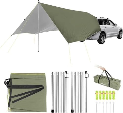 SAN LIKE Auto Markise Vorzelt, Wasserdicht Heckzelt für Auto, Camping Vorzelt mit Zeltstange, Sonnensegel Camping Bus Tarp, Sonnensegel Wohnwagen für Bus und Van 2.96M*4M*4.40M