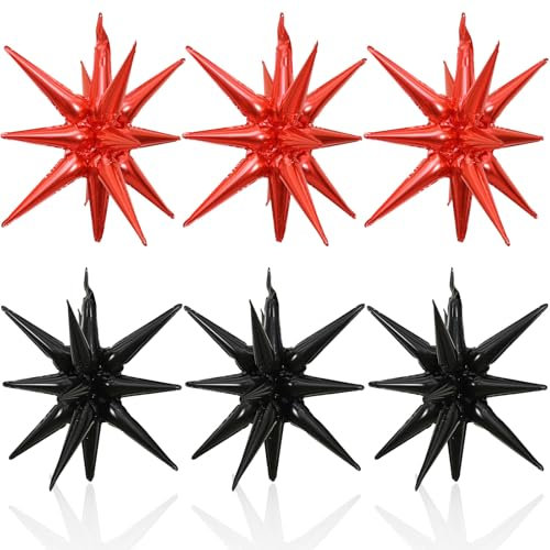 HILAVO Stern Ballons Schwarz Rot, 6 Stück 22 Zoll Groß HILAVO Stern Folienballons Foil Explodieren Stern Luftballons für Casino Deko Geburtstag Weihnachten Silvester Party Deko