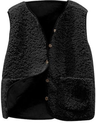 Fleece Gilet for Women UK Sherpa Fluffy Waistcoat Button Down Solid Lightweight Gilets Sleeveless V-neck Outerwear Ladies Casual Soft Winter Jacket with Pockets Fur Fuzzy Cropped Vest