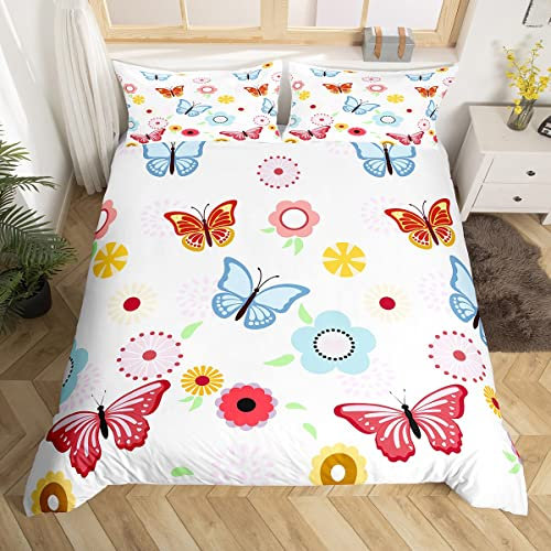 Homemissing Parure de lit Papillon Fille 240x260cm Rose Bleu Papillon Fleurs Ensemble de literie Ferme Fleur Branche Plante Housse de Couette Enfants Femme Romantique Chambre décor 3 pièces