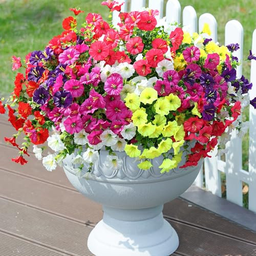 Piante finte artificiali per decorazione esterna, 12 fasci di seta colorata Morning Glory con eucalipto resistente ai raggi UV realistico fiore finto per fioriera porta d'ingresso portico cortile