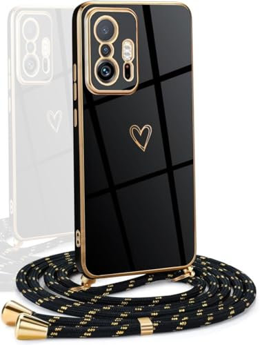 YAMCCCSE Frauen Mädchen Handykette für Xiaomi 11T/ 11T Pro - Silikon Hülle mit Band - Handyhülle für Xiaomi 11T/ 11T Pro Herz Love Design Galvanik - Hülle mit Kordel in schwarzes