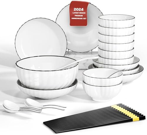 Geschirrset 6 Personen, 28-teiliges Keramik Tafelservice Set, Kombiservice Tafelservice mit Schüssel, Dessertteller, Suppenschüssel, spülmaschinen-und mikrowellengeeignet (XZ1)