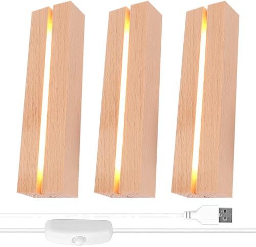 Afenau LED Lichter Display Basis, 3 Stück LED Sockel für Acrylglas, LED Holzsockel, Rechteckige Lampensockel Holz, USB LED lichtsockel für 5mm Dicke Acryl Platte Glasblock Harz (Warm)