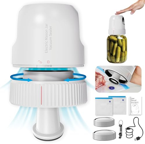 3-in-1 Electric Mason Jar Vacuum Sealer Kit for Wide & Regular Mouth Canning Jars & Sous Vide Bags, Rechargeable Auto Stop Jar Sealer Vacuum for Storing Herbs, Fruits & Veggies (White)
