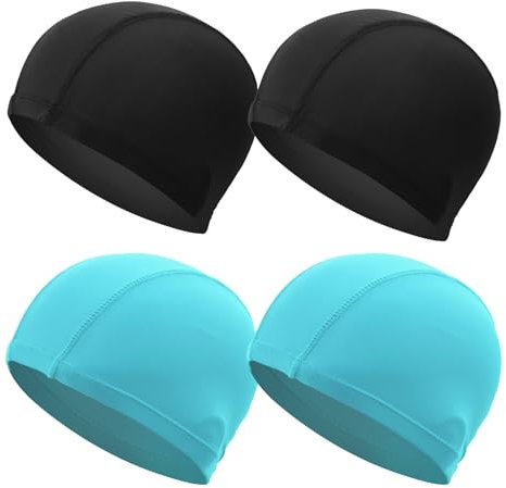 ATSNOSH 4 Piezas Gorro de Natación para Hombres y Mujeres, Gorro de Natación de Tejido, Gorros Elásticos de Natación, Cómodo Gorros Ligeros de Baño, Talla Unica (Negro + Azul)