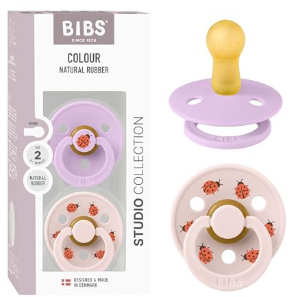 BIBS Colour Studio Schnuller 2er-Pack, BPA-frei, Kirschform Nippel. Naturkautschuk/Latex, Hergestellt in Dänemark, Größe 2 (6-18 Monate), Violet Sky/Petal