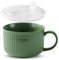 mehrido Keramik Suppenschalen mit Griff und Deckel, 750 ml Große Suppentasse für Suppe, Instant-Nudel, Müsli, Suppenbehälter, Mikrowellen- und Spülmaschinenfest (Green With Clear Lid)
