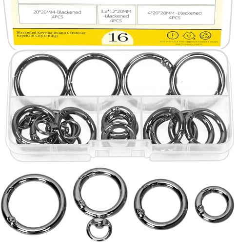 Mardatt 16Pcs 0.47/0.78/0.98inch Trigger Spring O Rings, Round Carabiner Clip Binder Key Rings Metal Keychain Snap Hooks Buckle Circle Purse Shoulder Bag for DIY Charms Crafts Making(Round-Black)