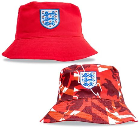 Hy-Pro Officially Licensed England FA Bucket Hat - Reversible, Red, Classic Style, Double Sided with Solid or Print, Three Lions Crest, Festival, Holiday, Sun Hat, Unisex, Adult