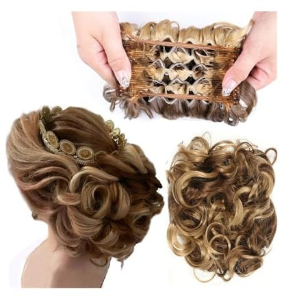 Kurze, unordentliche, lockige Haarverlängerung mit Dutt und Kämmen, dicker Chignon, Haarteil, Pferdeschwanz(Q1-9H19)