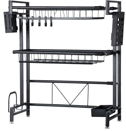 Slzyqnyy Égouttoir Vaisselle au-Dessus de l'Évier, Égouttoir Réglable à 3 Niveaux pour Cuisine, Rangement de Comptoir pour Assiettes, Bols, Ustensiles, Pots – Noir