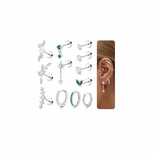 Adramata 12Pcs Helix Piercing Jewellery Surgical Steel Tragus Earrings Set Flat Back Earrings Stud Flower Ear Piercing Helix Hoop Cartilage Earrings Silver Gold Conch Daith Tragus Piercing Jewellery