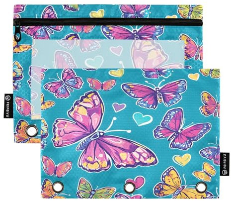 Mnsruu Astuccio colorato con motivo farfalla e amore, per raccoglitori a 3 anelli, con cerniera, confezione da 2 astucci con finestra trasparente, astuccio per cosmetici per ufficio e università