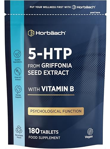5HTP Supplement High Strength | 180 Vegan Tablets | 6 Month Supply - One A Day | from Griffonia Seed Extract | with Vitamin B5 | By Horbaach