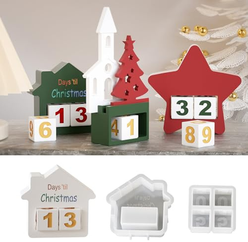 Silikonformen Gießformen Weihnachten, 5er Silikonform Häuser und Gießform Quadratische mit Zahlen 1-4 Gießformen Silikon Weihnachten Gips zum Gießen Giessformen Silikon Haus Kerzenhalter (A)