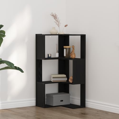 KTHLBRH Moderner Eckschrank aus massiver Eiche mit 3 Regalen, platzsparendes Eckregal für Wohnzimmer und Büro, Schwarze Matte Oberfläche, dreieckiges Design für optimale Raumnutzung