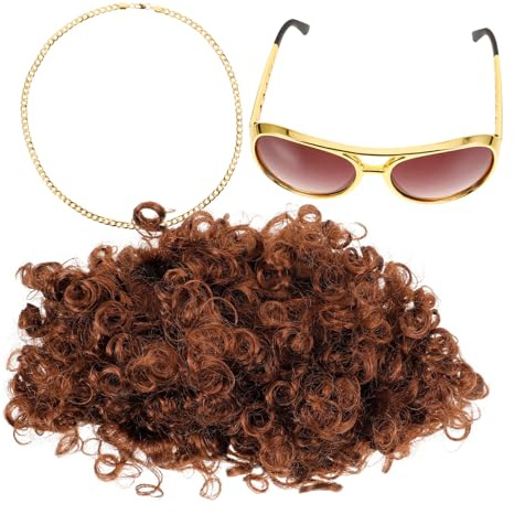 Parliky 70er Jahre Party für Herren mit Rock ’n’ Roll Perücke Sonnenbrille und Halskette Bequemes Disco Kostüm Zubehör für Mottofeste und Cosplay