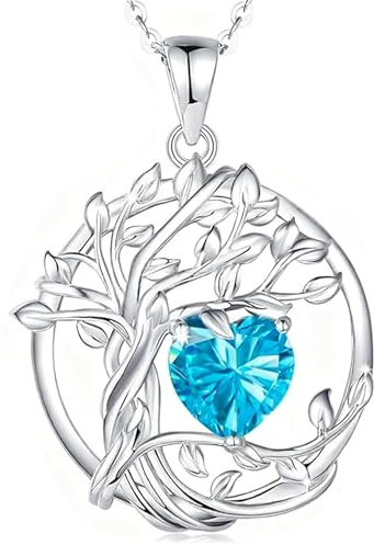 Tree of Life Necklace for Women, 925 Sterling Silver Double Layer Heart Birthstone Pendant, Personalized Zodiac Jewelry, Meaningful Birthday Gift (December-blue)