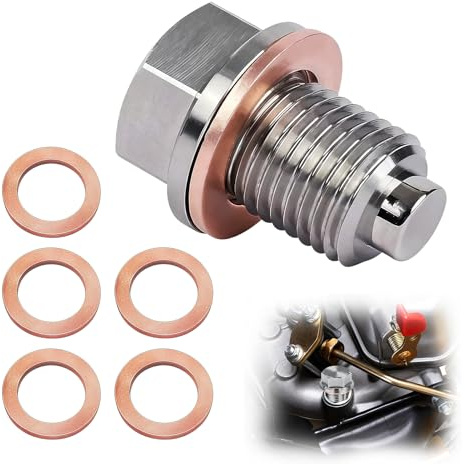 Magnetic Oil Drain Plug, Oil Sump Plug Nut Bolt with 5 Copper Washers, Stainless Steel Oil Plug Replacement for Most Cars Motorcycle Engine Oil Pan Protection (M12x1.25)