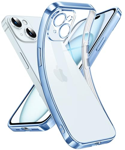 Supdeal Custodia Trasparente per iPhone 15, Mai Gialla con Protezione Fotocamera, Cover Case in Silicone Trasparente Ultra Sottile e Leggera, 6,1, Blu